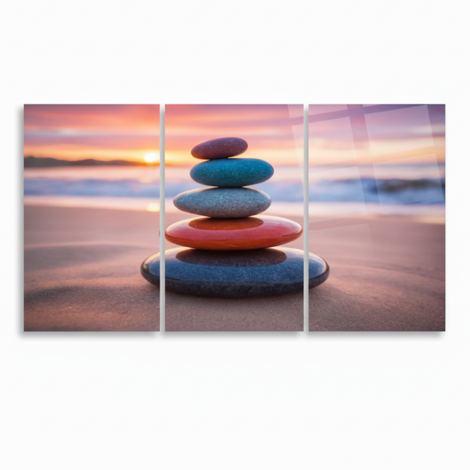 Square white background mockup of sunset balance stones horizontal glass triptych
