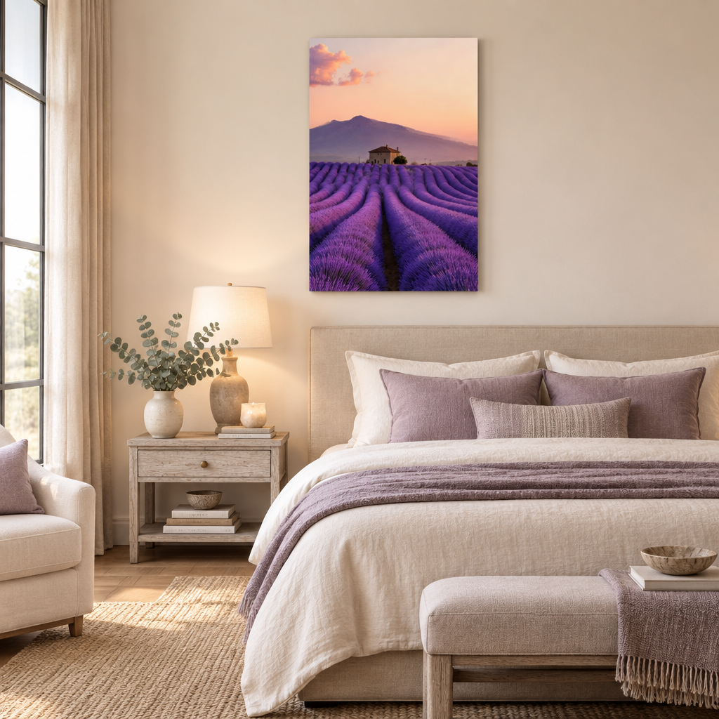 Provence lavender field glass wall art in a bedroom
