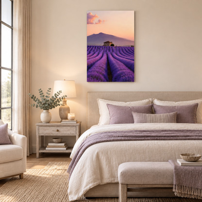 Provence lavender field glass wall art in a bedroom