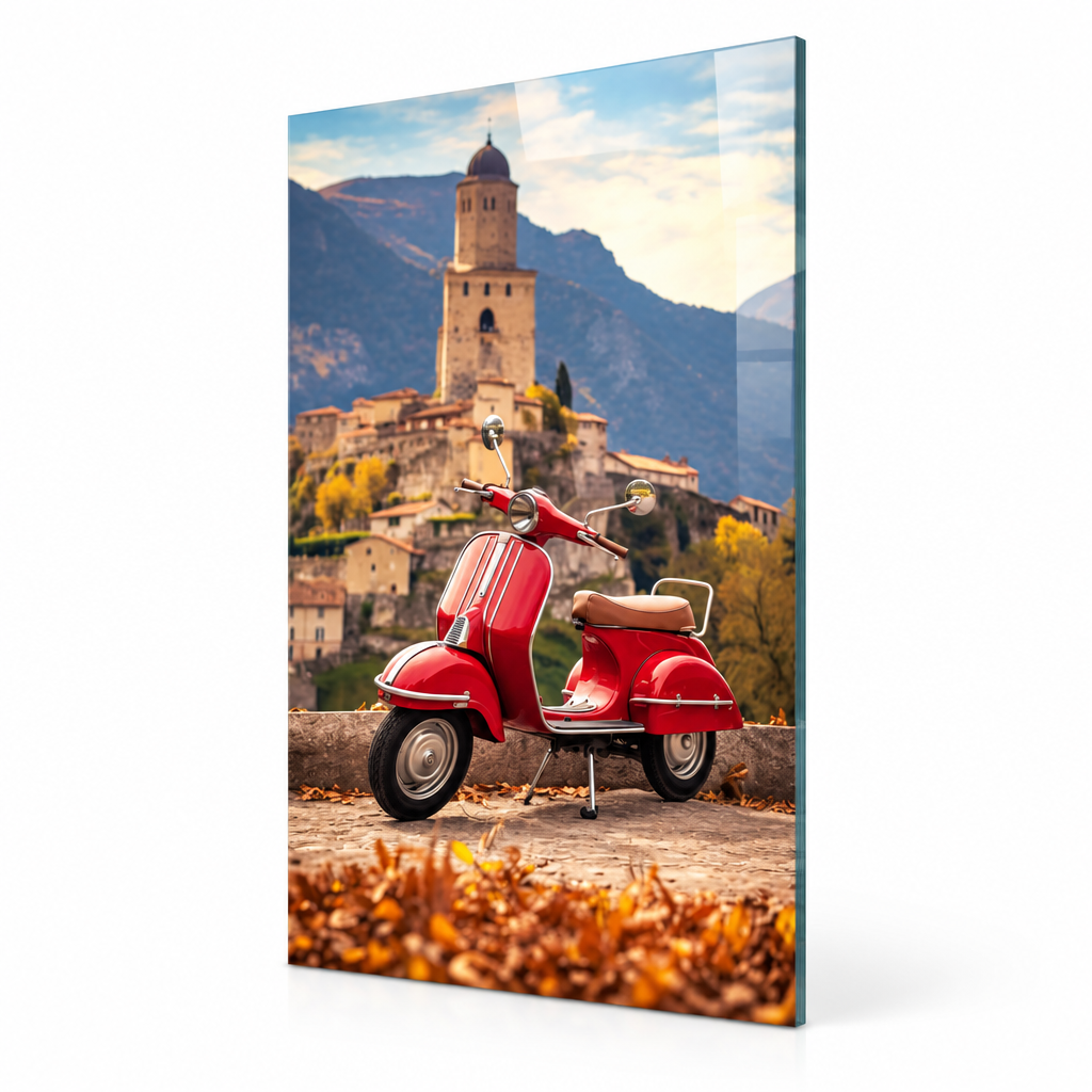 Vintage red Vespa glass wall art, right angle view