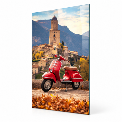 Vintage red Vespa glass wall art, right angle view
