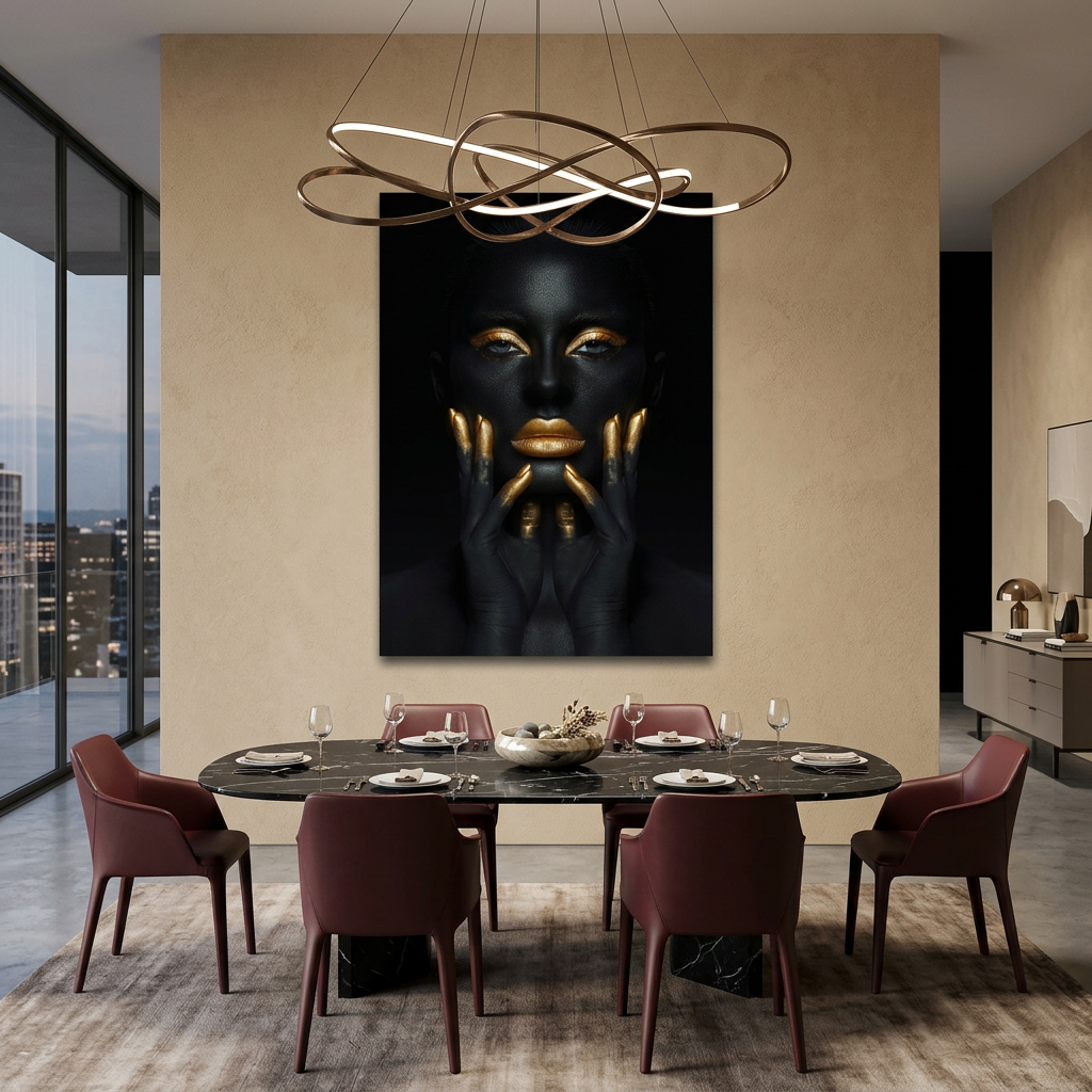 D-184 black and gold woman portrait glass wall art in sand dining room