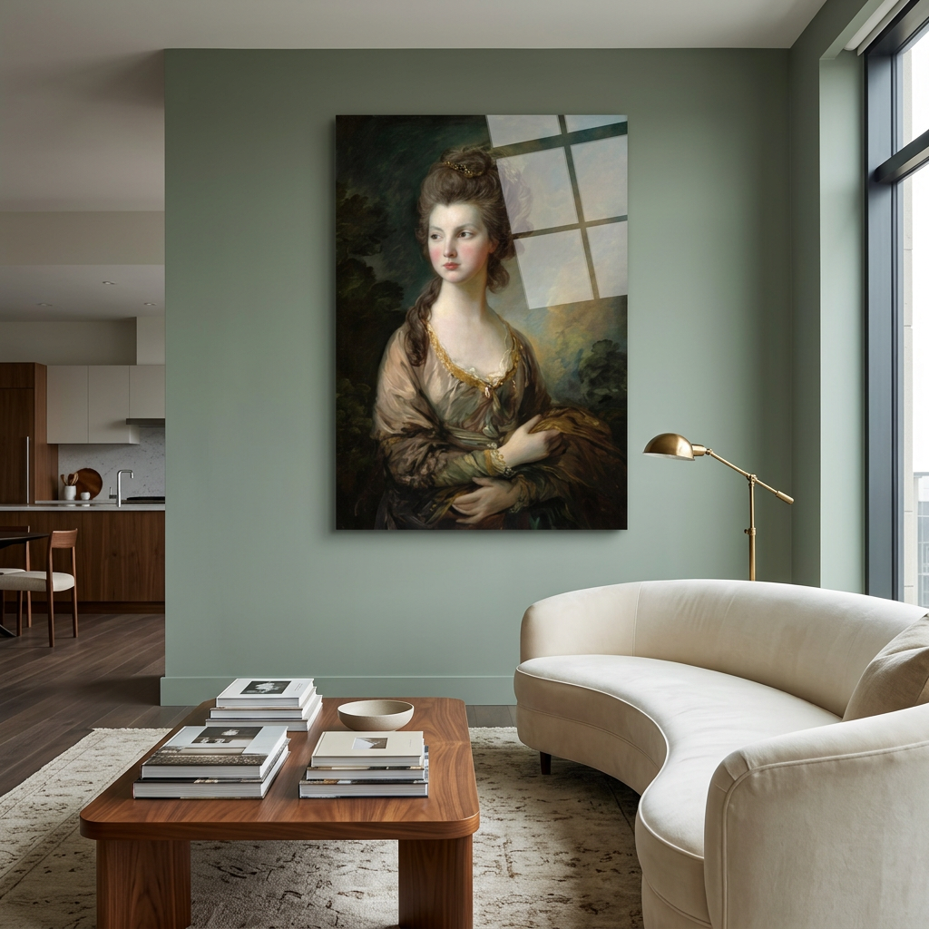 D-175 glass wall art in sage green living room