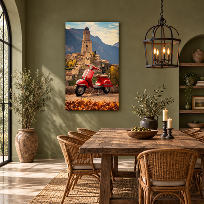Vintage red Vespa glass wall art in a dining room