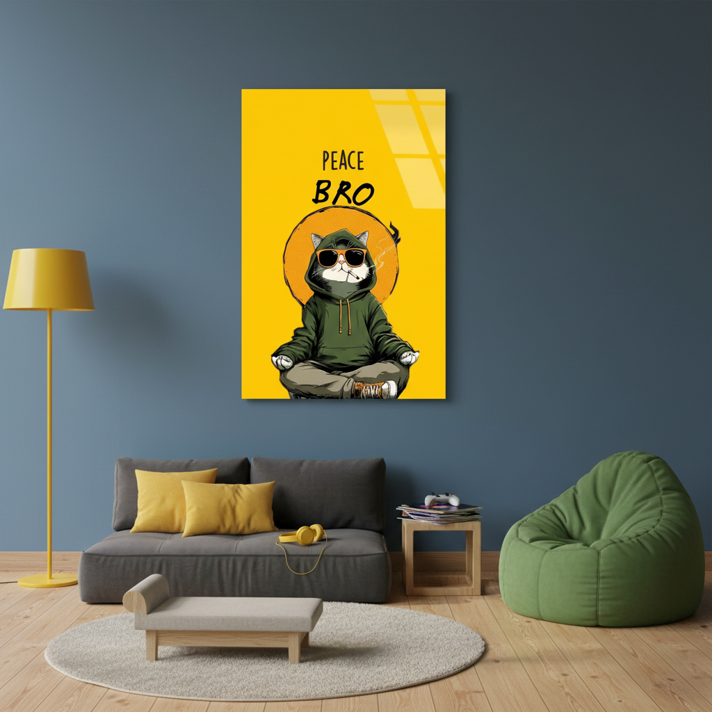 Square 1:1 chill room mockup of LMT-001, the yellow Peace Bro meditating cat glass wall art in a relaxed room with beanbag seating and colorful accents.