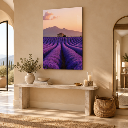 Provence lavender field glass wall art in an entrance hall