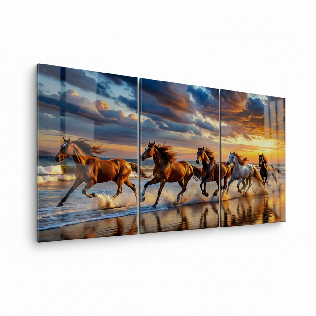 Left-side view of T-40 galloping horses sunset triptych glass wall art on a white background