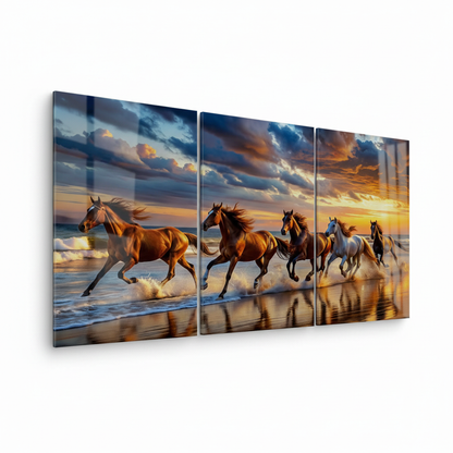 Left-side view of T-40 galloping horses sunset triptych glass wall art on a white background