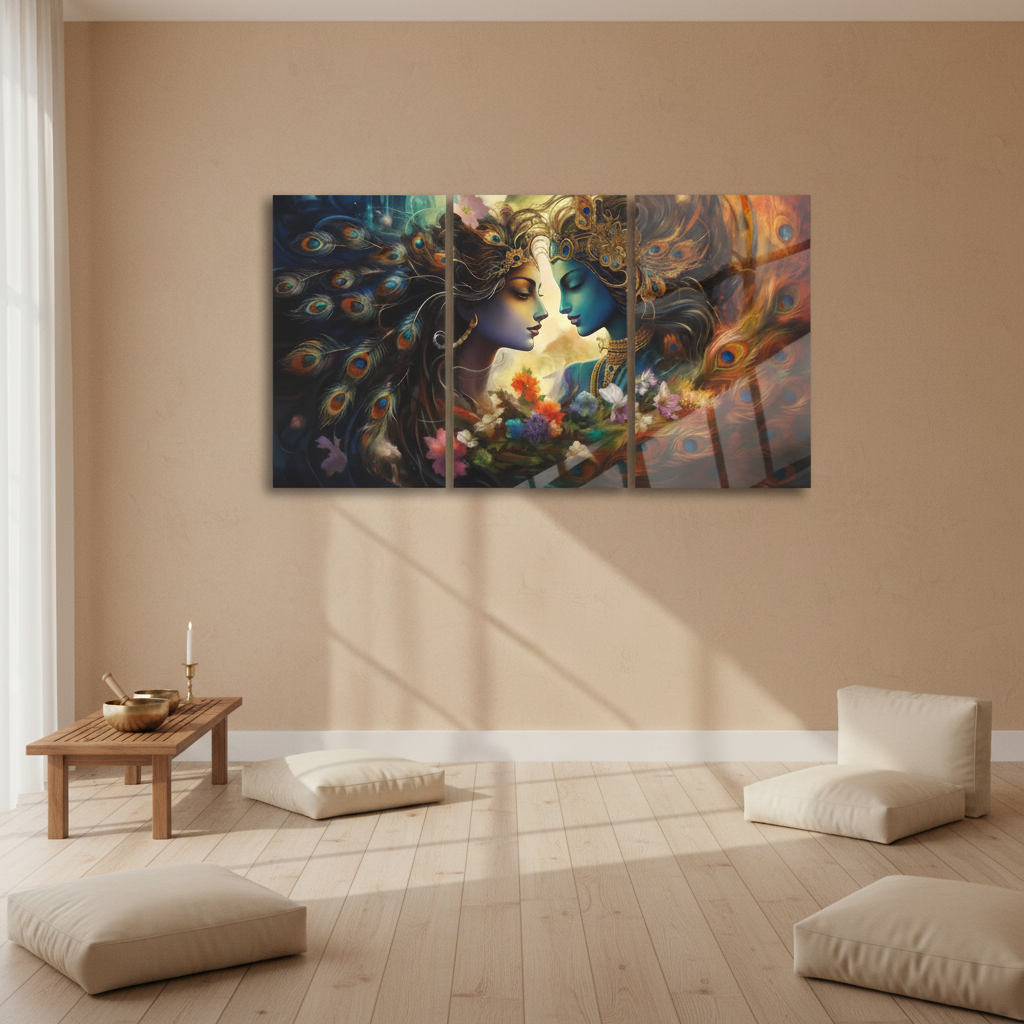 Radha Krishna glass wall art triptych hanging in a luxury meditation room with warm sand walls, floor cushions and teak bench