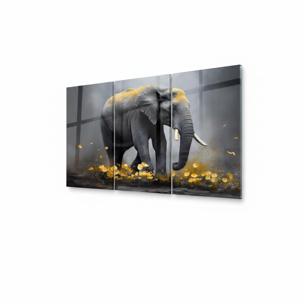 Right-side view of T-39 African elephant and golden leaves triptych glass wall art on a white background