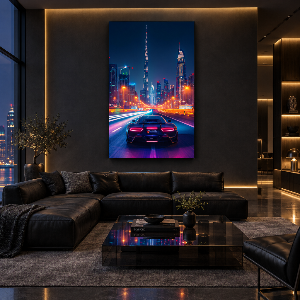 Neon city sports car glass wall art in a modern living room