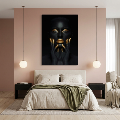 D-184 black and gold woman portrait glass wall art in clay pink bedroom