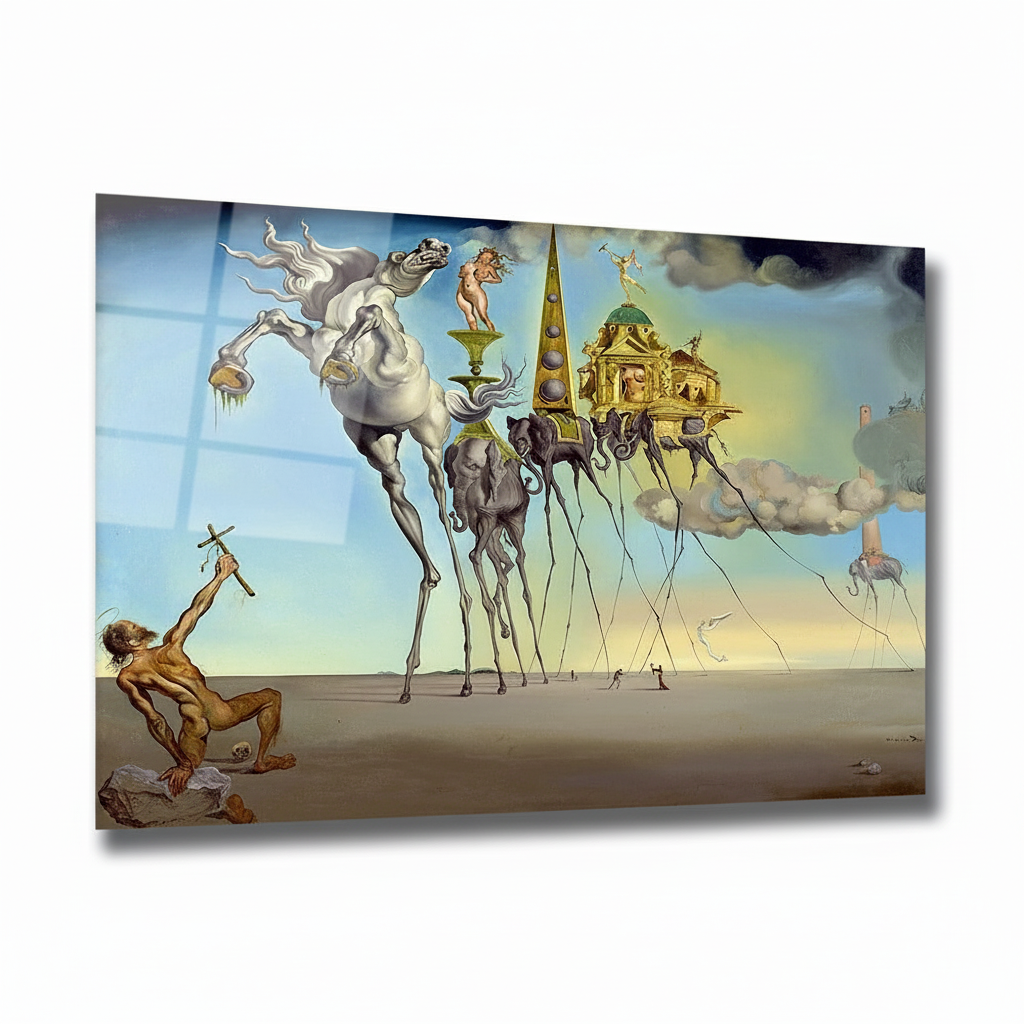 Front view of surrealist horizontal glass wall art on a white background