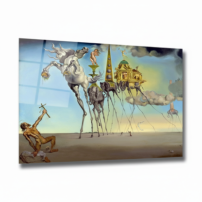Front view of surrealist horizontal glass wall art on a white background