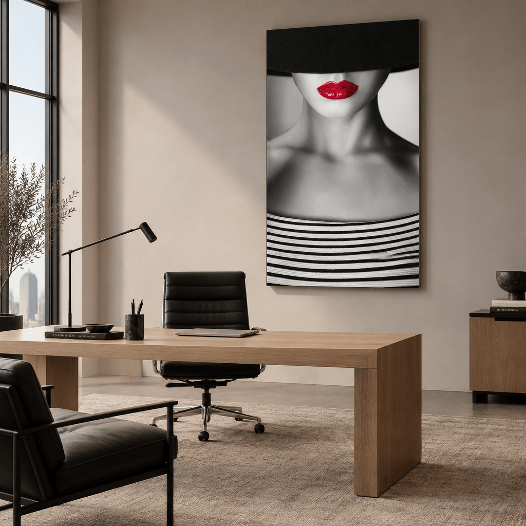 Red lips woman portrait glass wall art in office