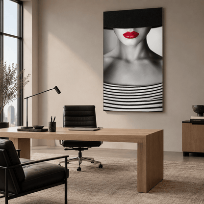 Red lips woman portrait glass wall art in office