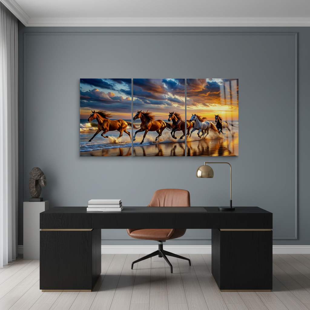 T-40 galloping horses sunset triptych glass wall art in a luxury office with slate-grey walls