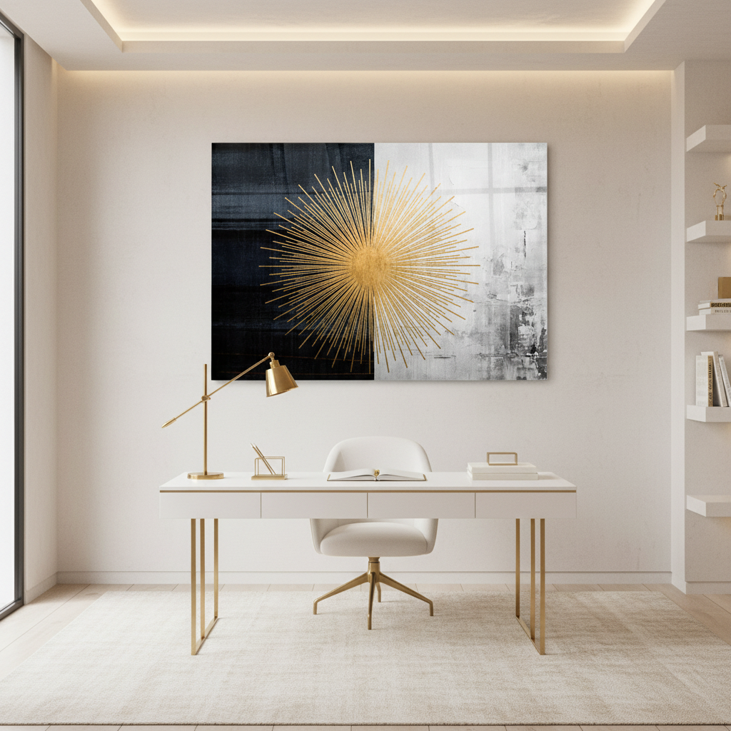 Golden Sunburst Glass Wall Art in luxury home office