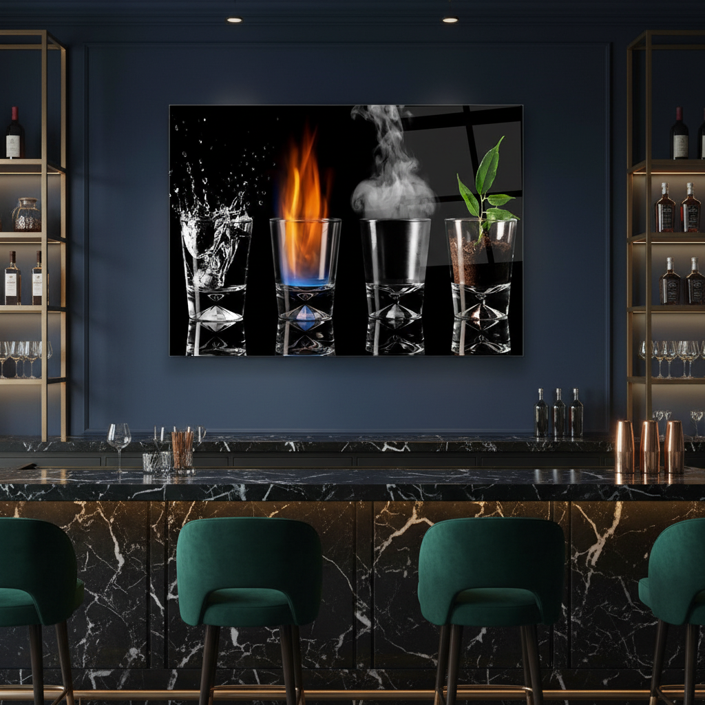 Y-307 four elements water fire smoke plant glass wall art in a luxury cocktail lounge