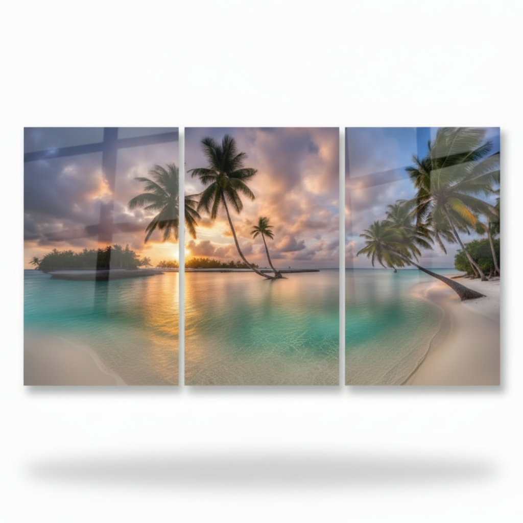 Coucher de Soleil sur Plage Tropicale Tableau en Verre Trempé