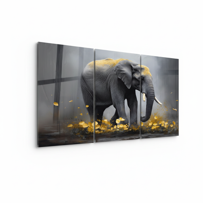 Left-side view of T-39 African elephant and golden leaves triptych glass wall art on a white background