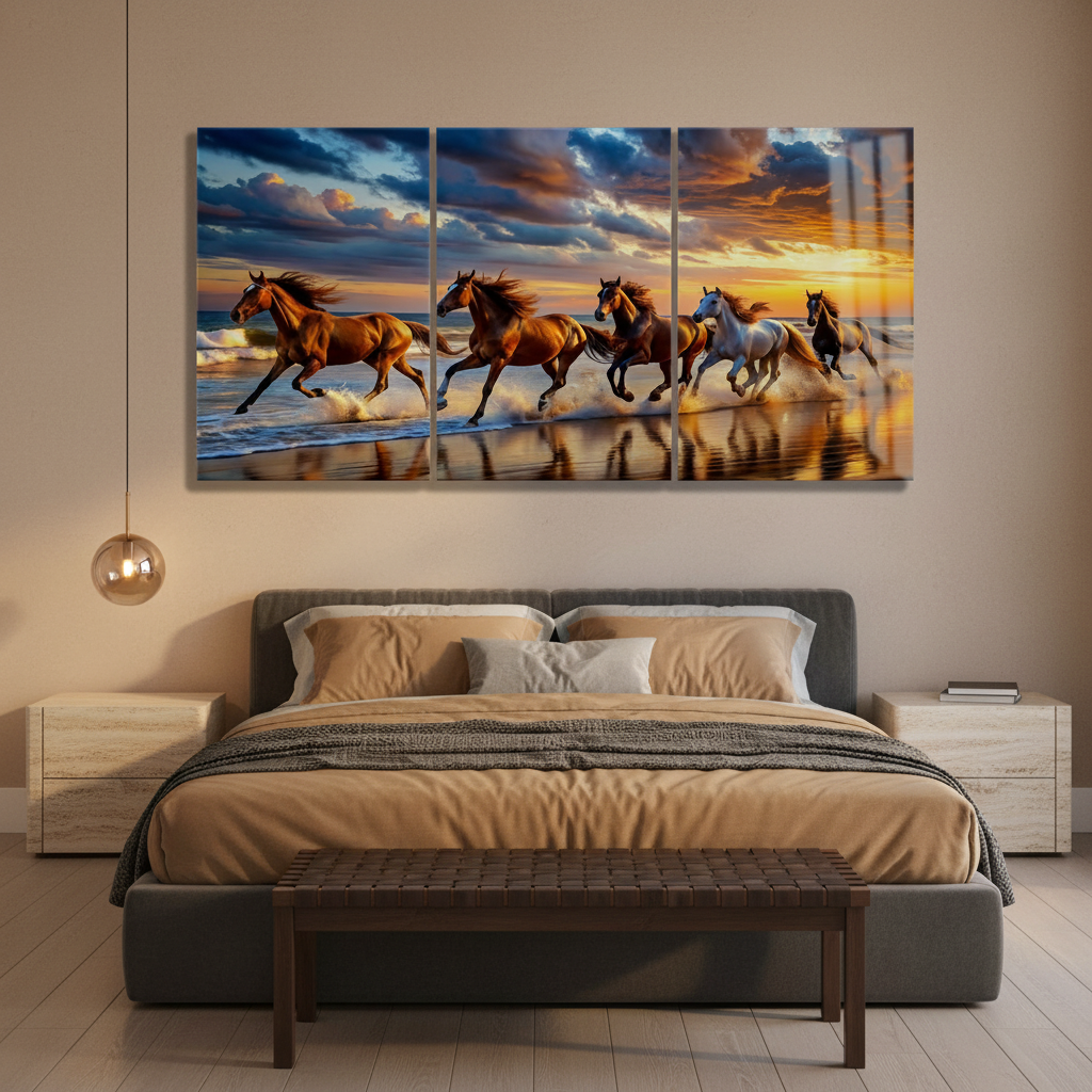 T-40 galloping horses sunset triptych glass wall art in a luxury bedroom with sand-colored walls