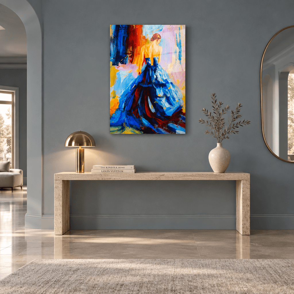 Colorful woman in blue dress glass wall art displayed in a blue-gray luxury entrance hall