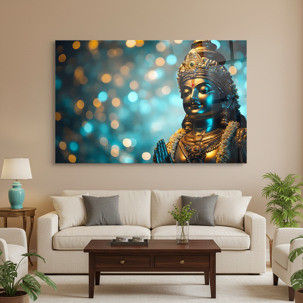 LMT-055 serene Indian deity portrait glass wall art in a luxury living room