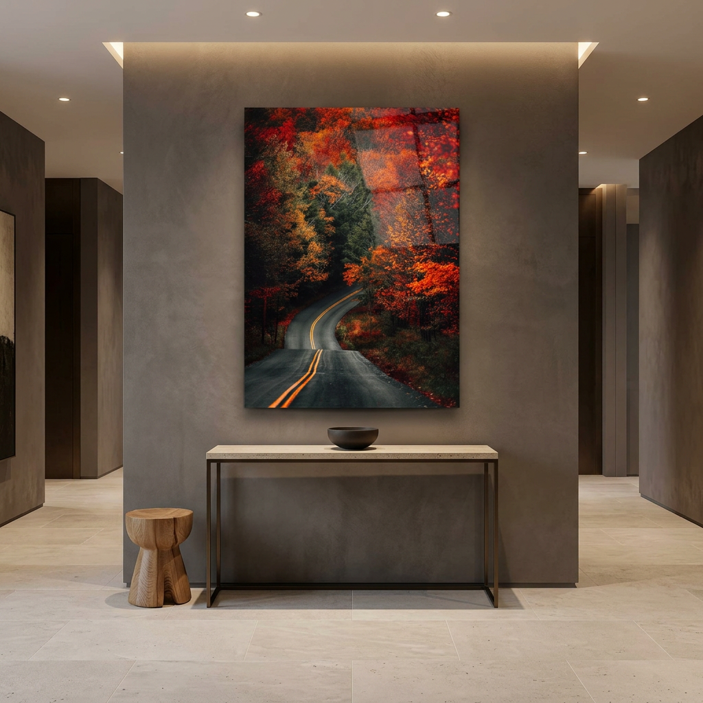 Autumn Forest Road Glass Wall Art above a console in a charcoal grey entrance hall
