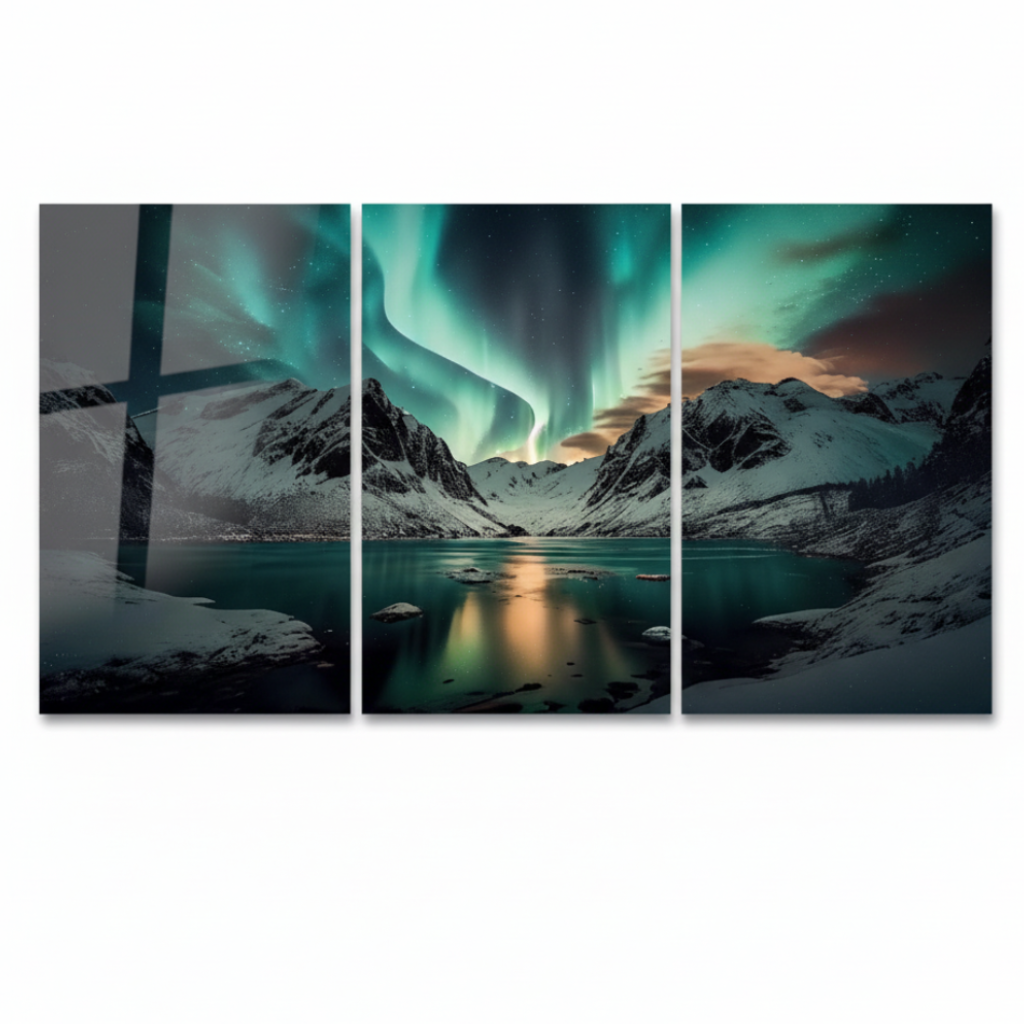 Front view of the three-panel northern lights mountain lake glass wall art triptych on a pure white background