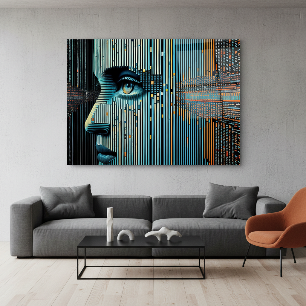 Digital Woman Glass Wall Art above a charcoal sofa in an upscale urban living room
