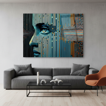 Digital Woman Glass Wall Art above a charcoal sofa in an upscale urban living room