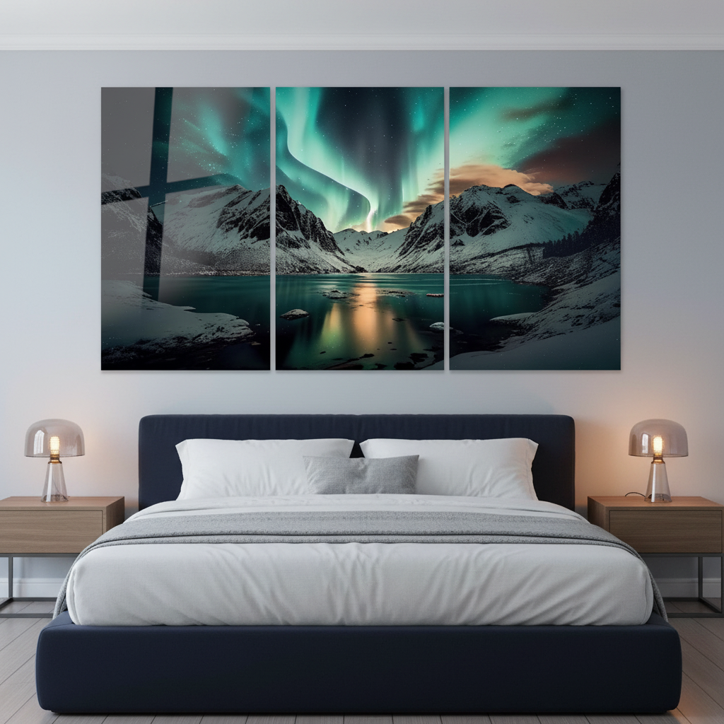 Northern lights mountain lake glass wall art triptych in a luxury blue-grey bedroom