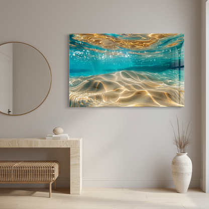 LMT-049 turquoise cyan underwater abstract glass wall art in a luxury entrance hall