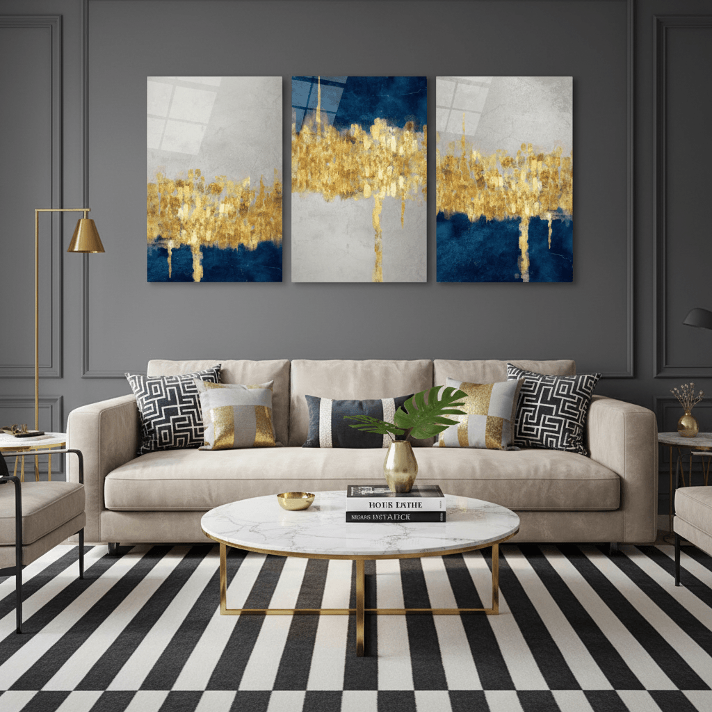 Astratto Blu e Oro Quadro in vetro temperato