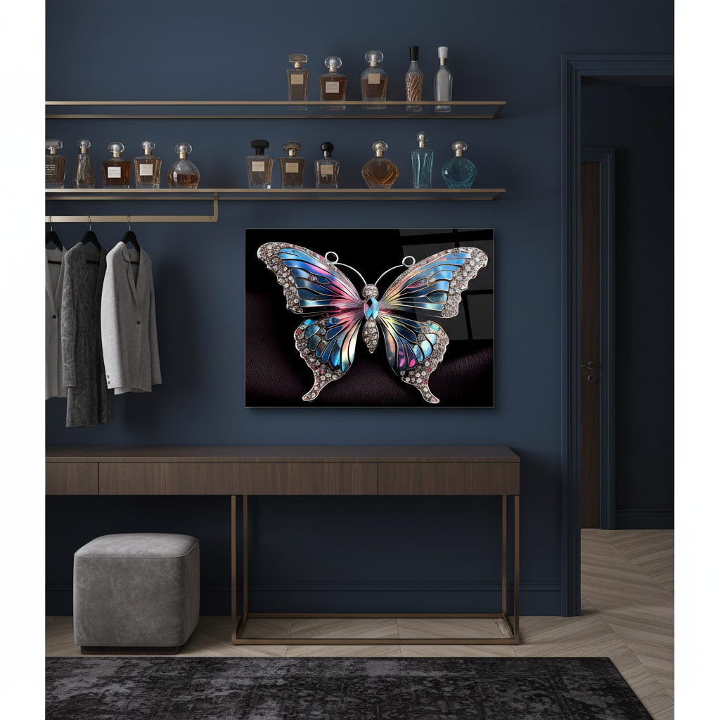 Jeweled Butterfly Glass Wall Art in a sophisticated midnight-blue dressing room