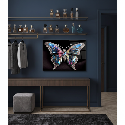 Jeweled Butterfly Glass Wall Art in a sophisticated midnight-blue dressing room