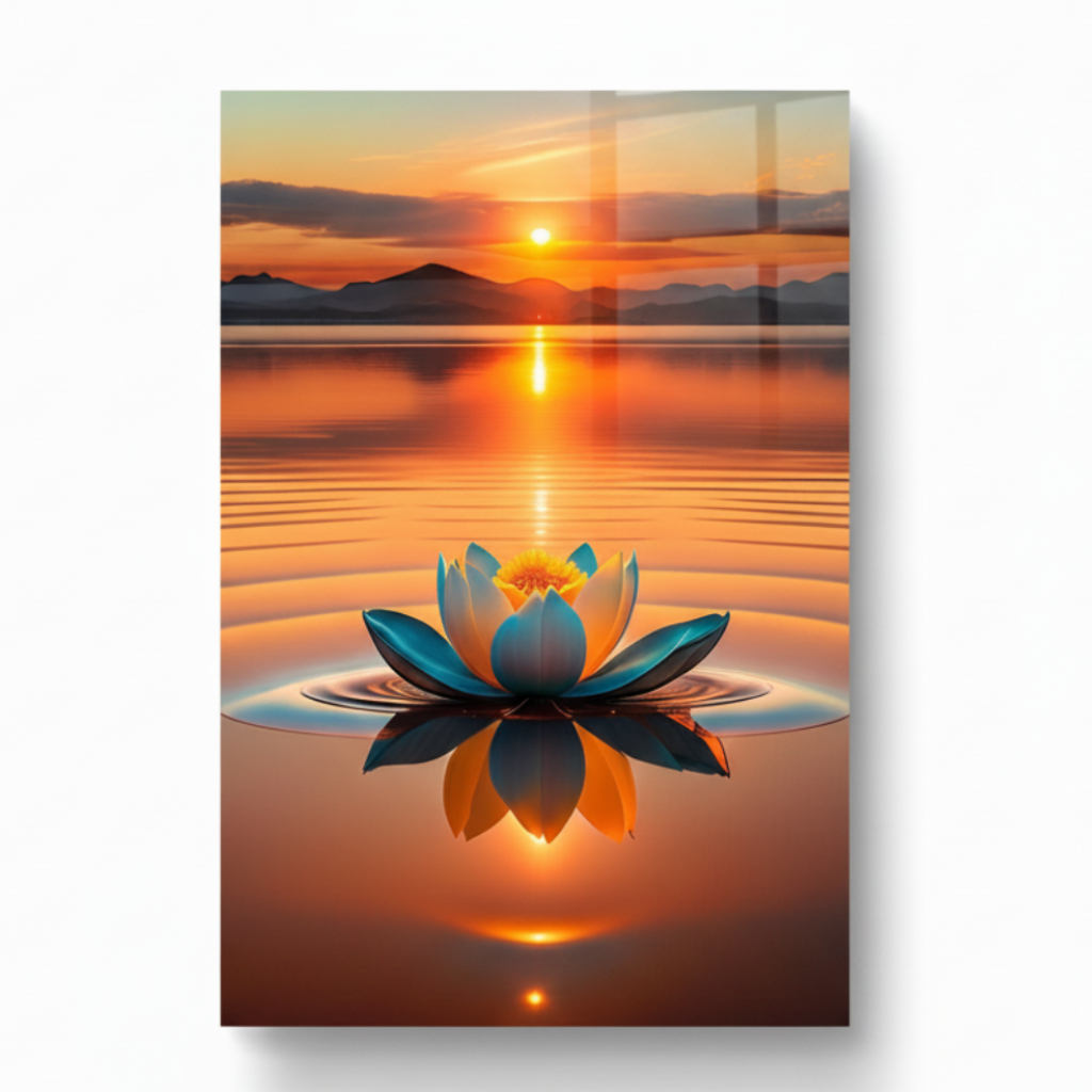 Right side view of Sunset Lotus Glass Wall Art showing the vertical glass edge and sunset lotus artwork.