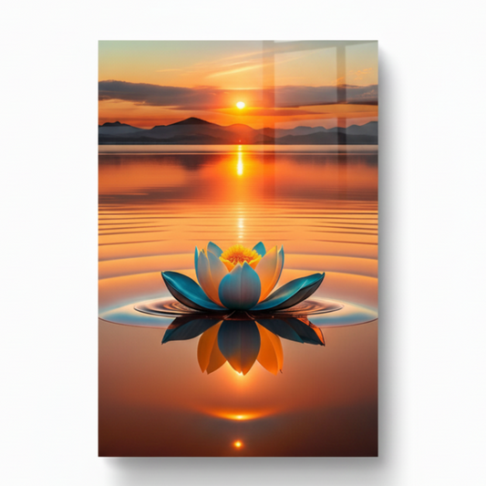 Right side view of Sunset Lotus Glass Wall Art showing the vertical glass edge and sunset lotus artwork.