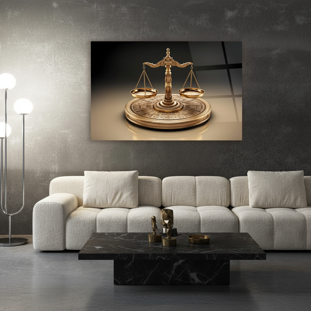 Golden scales of justice horizontal glass wall art in a modern luxury living room