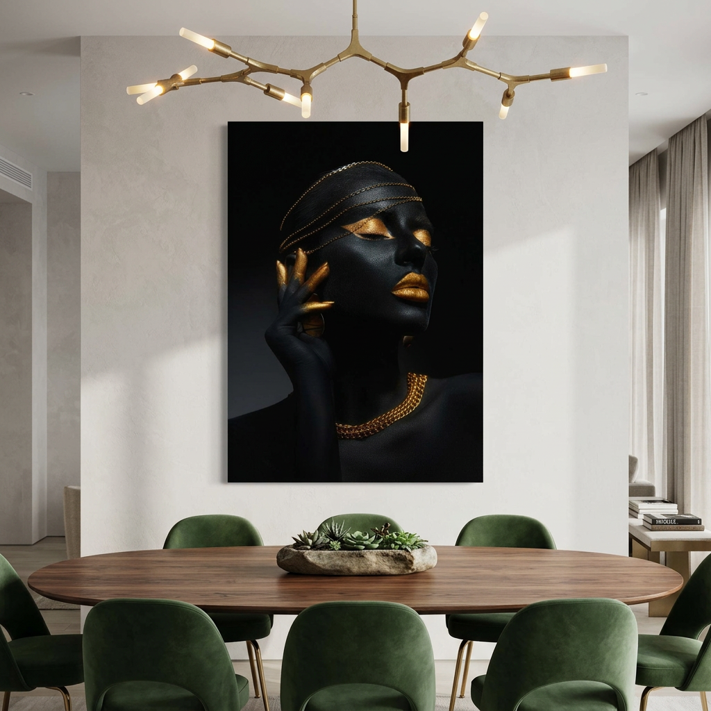 D-183 black and gold woman with chain jewelry glass wall art in grey dining room