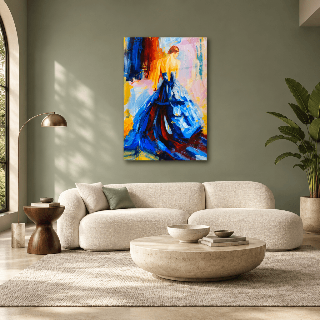 Colorful woman in blue dress glass wall art displayed in a sage-green luxury living room