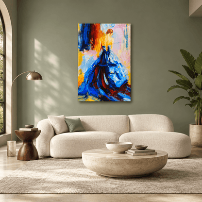 Colorful woman in blue dress glass wall art displayed in a sage-green luxury living room