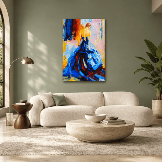 Colorful woman in blue dress glass wall art displayed in a sage-green luxury living room