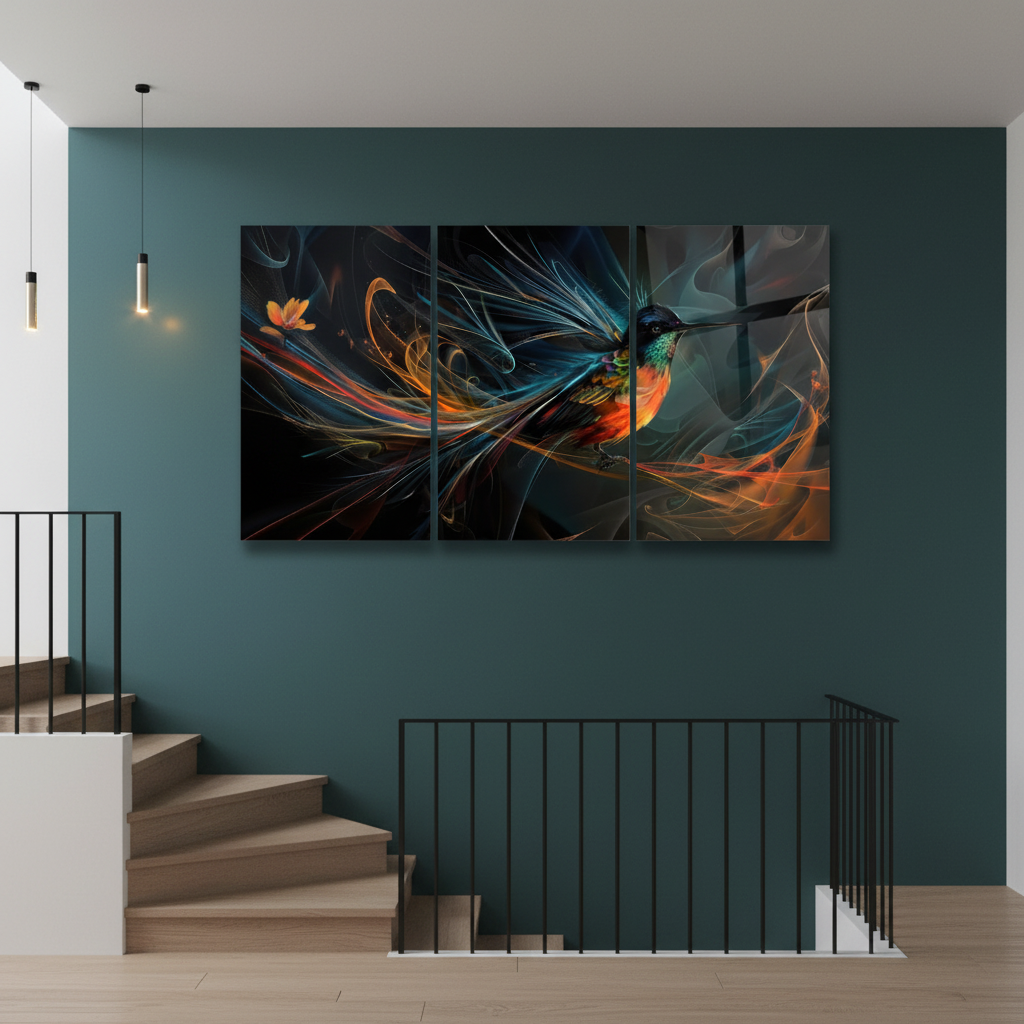 Hummingbird glass wall art triptych hanging in a luxury staircase landing with deep teal wall