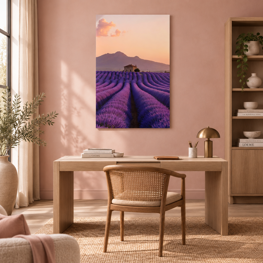 Provence lavender field glass wall art in a home office