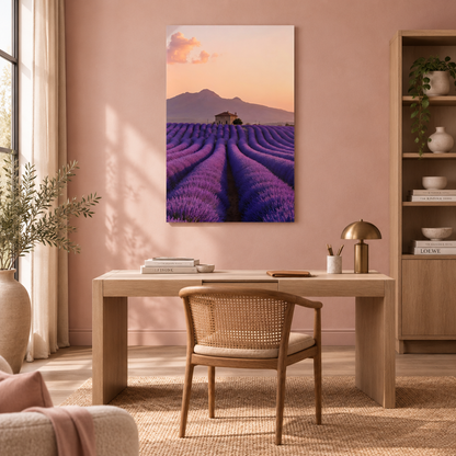 Provence lavender field glass wall art in a home office