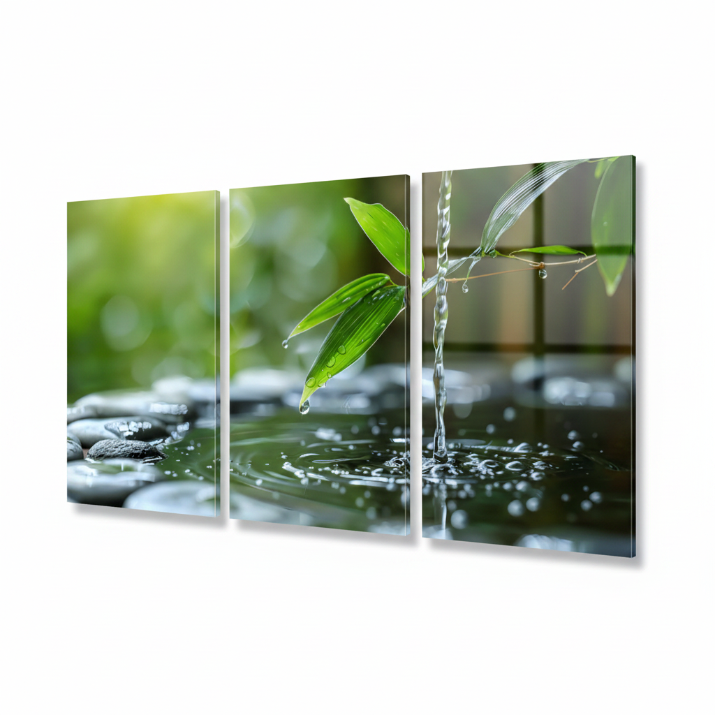 Right angle view of three-panel nature water stream triptych glass wall art