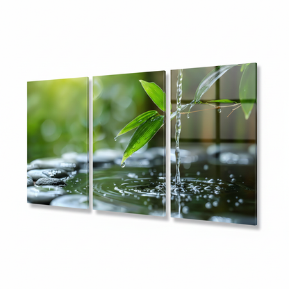 Right angle view of three-panel nature water stream triptych glass wall art