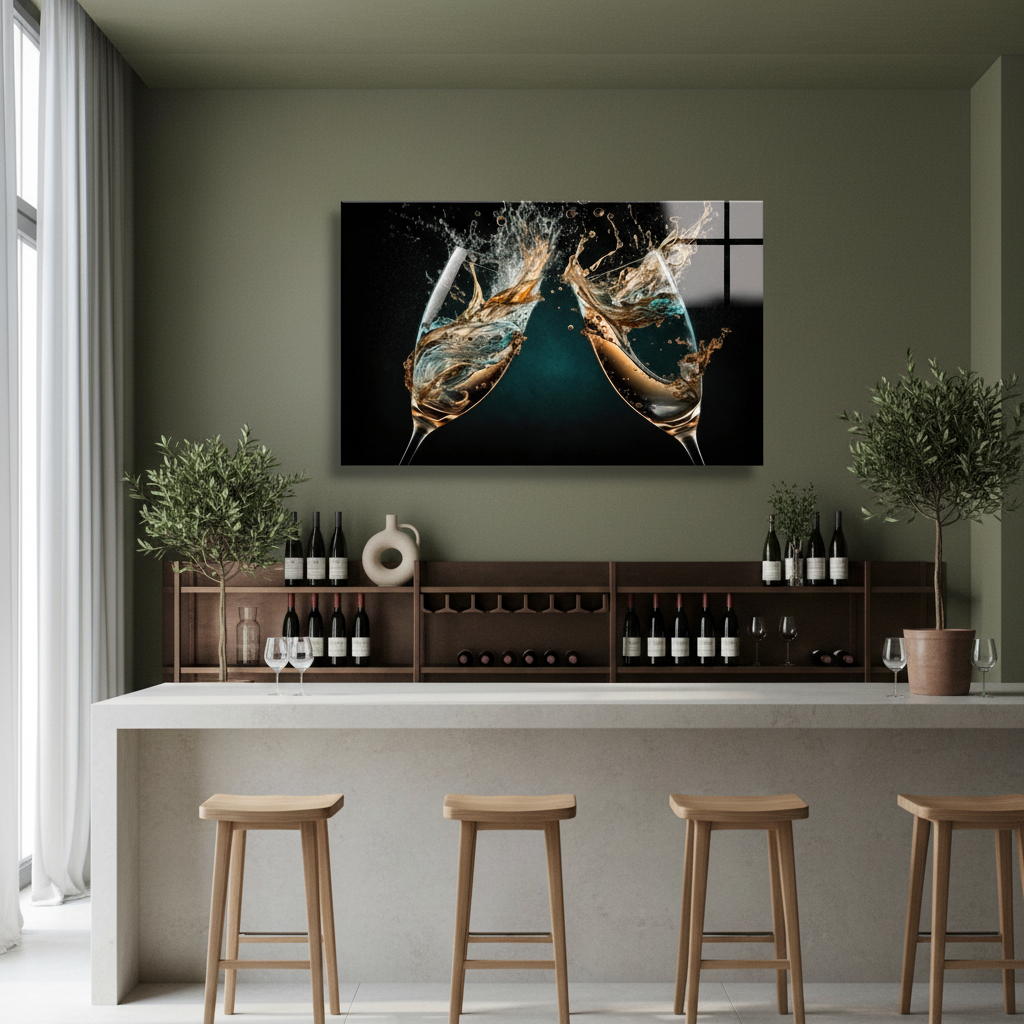 LMT-050 champagne glasses splash glass wall art in a luxury wine tasting room
